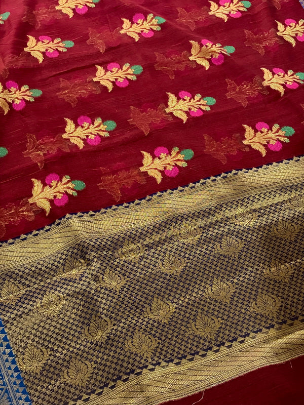 The Crimson Loom: Deep Maroon-Red Banarasi Cotton Saree with Meenakari Buttas