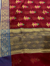 The Crimson Loom: Deep Maroon-Red Banarasi Cotton Saree with Meenakari Buttas