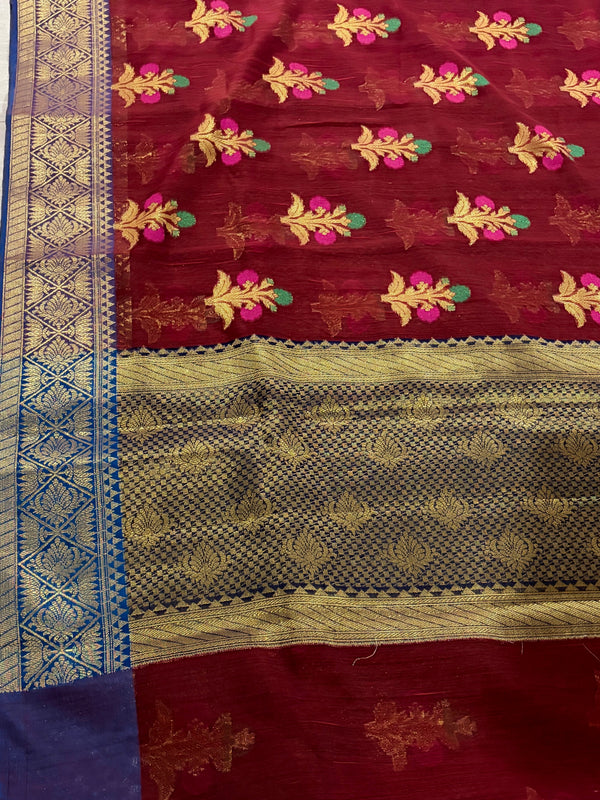 The Crimson Loom: Deep Maroon-Red Banarasi Cotton Saree with Meenakari Buttas