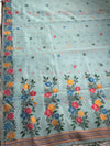 The Meadow Mist: Pastel Sage Linen Saree with Colorful Woven Floral Jamdani
