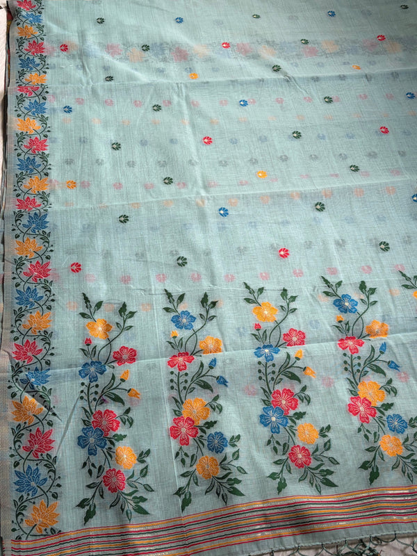 The Meadow Mist: Pastel Sage Linen Saree with Colorful Woven Floral Jamdani
