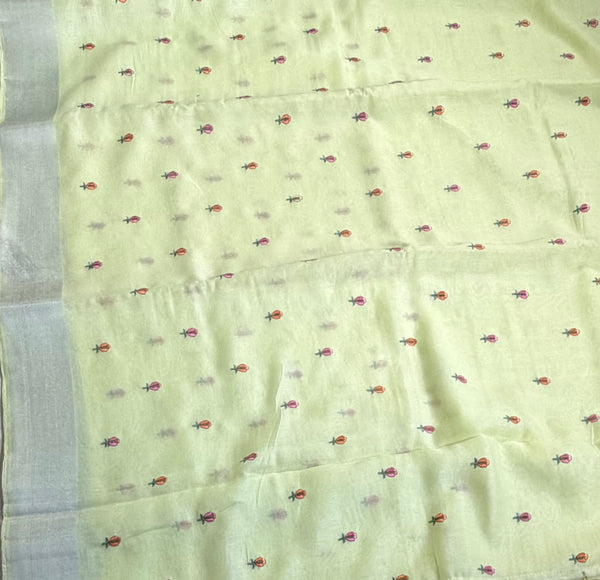 The Limelight Glow: Pastel Lemon Linen Saree with Micro-Floral Weaving & Silver Borders