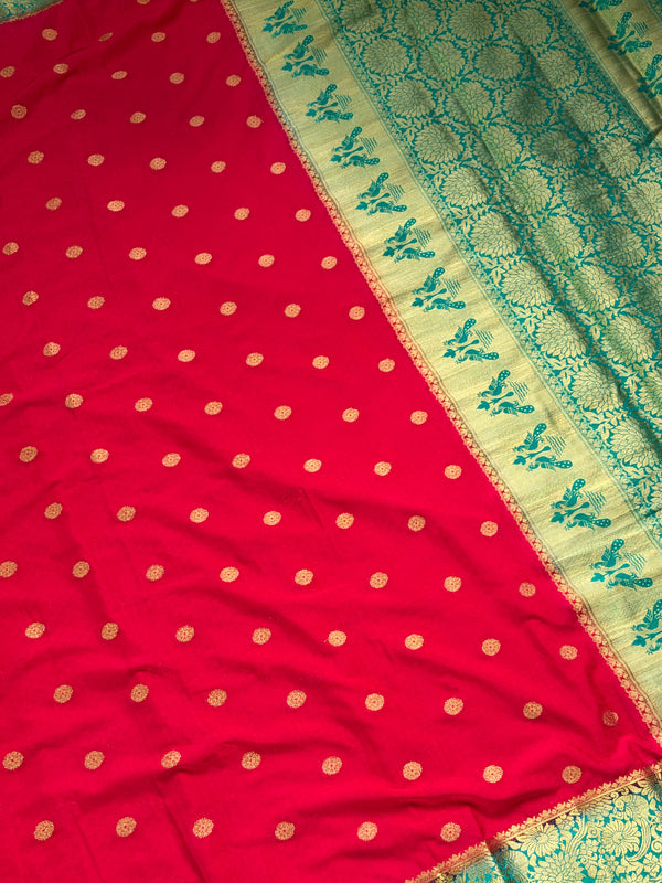 The Vasundhara Vilasa: Vermilion Red & Peacock Blue Mysore Crepe Silk Saree
