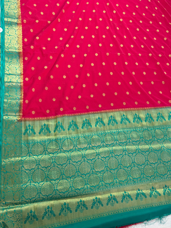 The Vasundhara Vilasa: Vermilion Red & Peacock Blue Mysore Crepe Silk Saree
