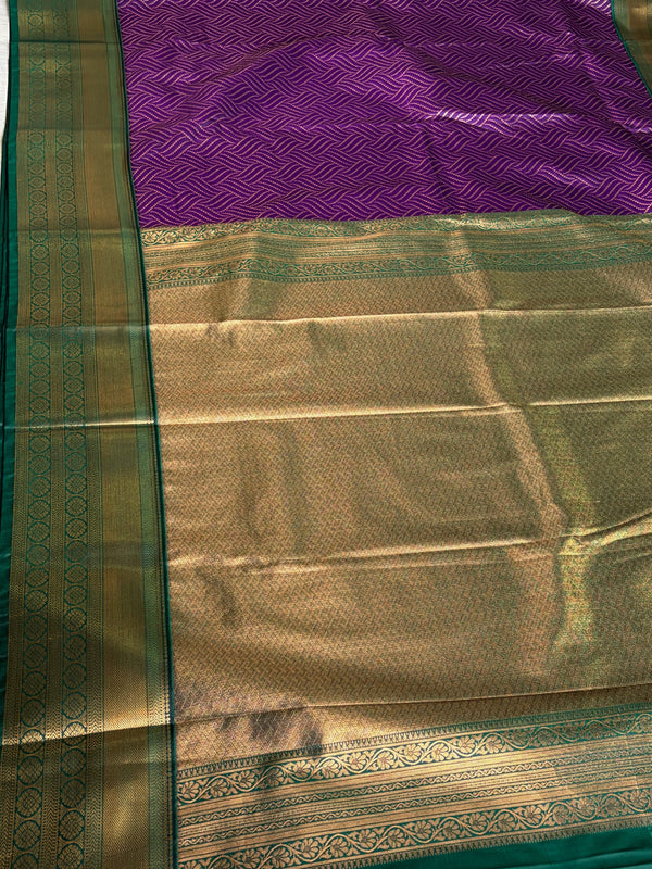 The Royal Lattice: Deep Violet Kanchipuram Silk Saree with Emerald Green & Gold Zari Border