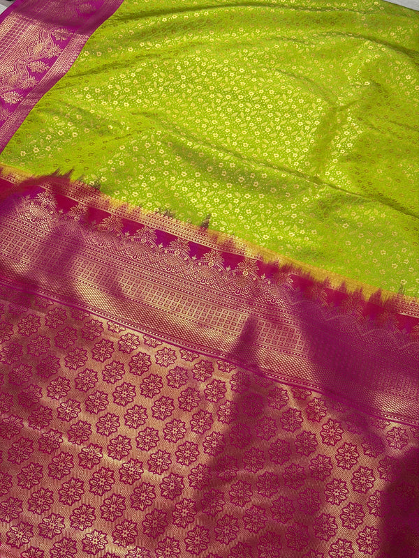The Festive Zest: Parrot Green Kanchipuram Silk Saree with Rani Pink Zari Border