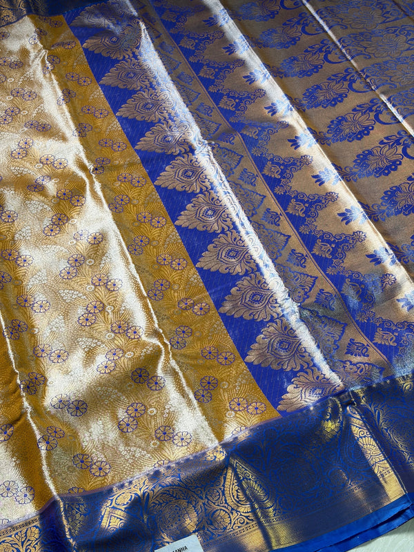 The Royal Kanjivaram: Mustard Gold Kanchipuram Silk Saree with Indigo Blue Zari Border