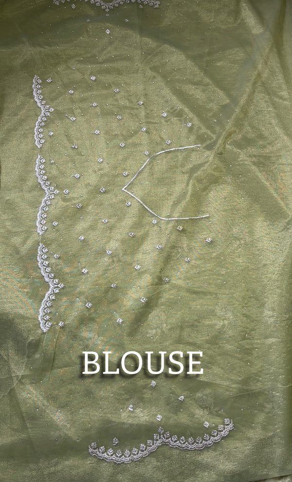 The Kritika Mayura: Olive Green Tissue Organza Saree
