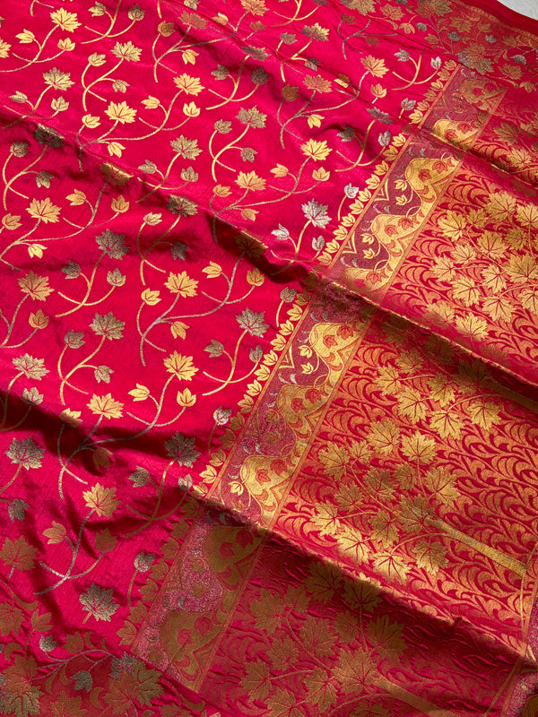 The Crimson Shubh: Crimson Bridal Red Banarasi Silk Saree With Gold Zari Jaal