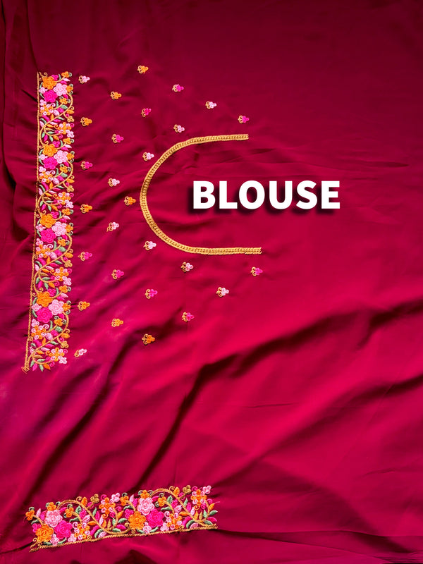 The Sharanya Riva: Deep Maroon & Multicolor Threadwork Embroidered Saree