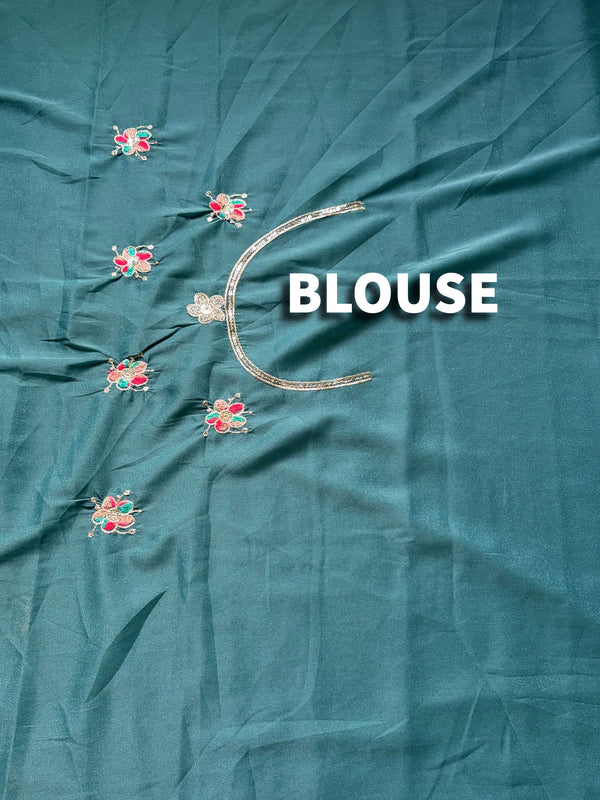 The Tanvi Riva: Peacock Teal Floral Embroidered Georgette Saree