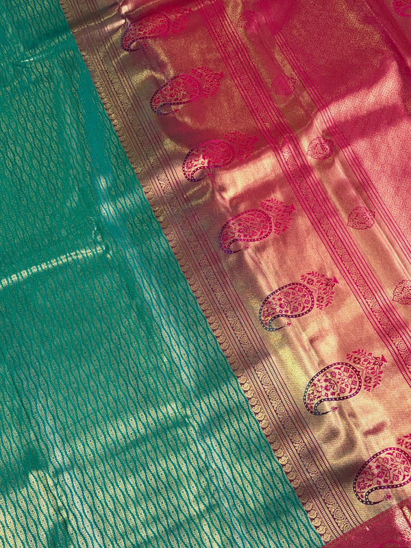 The Emerald Ira: Sea Green & Rani Pink Kanchipuram Silk Saree