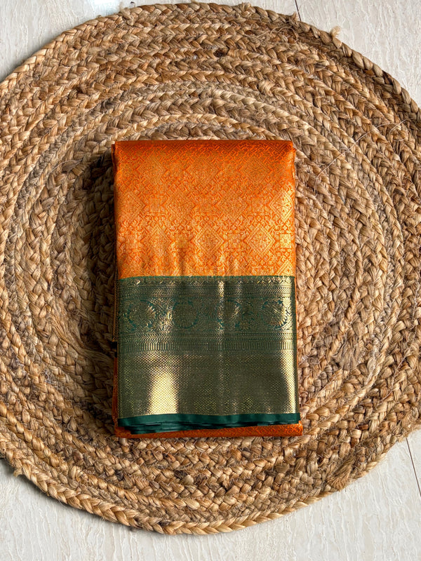The Haldi Aahana: Mustard Yellow & Bottle Green Kanchipuram Silk Saree