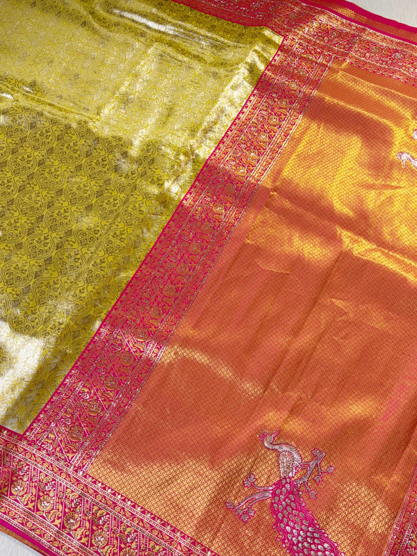 The Swarna Mayuri: Olive Gold Tissue Banarasi Saree With Vermilion Red Border