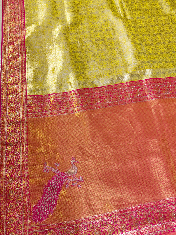 The Swarna Mayuri: Olive Gold Tissue Banarasi Saree With Vermilion Red Border