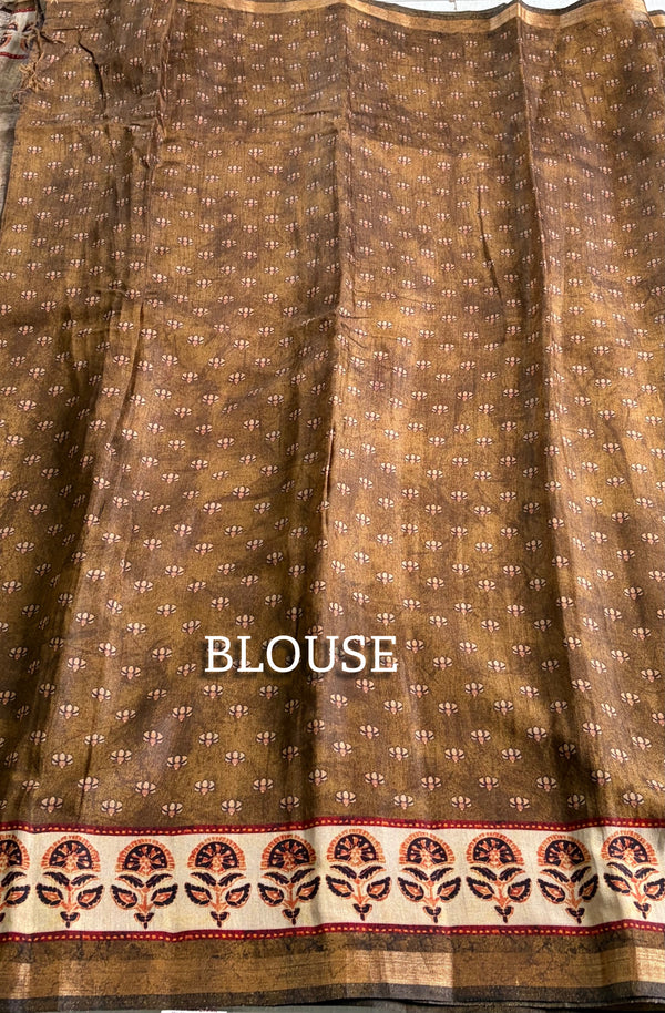 The Desert Flora: Fawn Beige Pure Cotton Saree with Madhubani-Inspired Block Prints