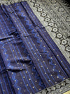 The Midnight Lattice: Deep Indigo Pure Cotton Saree with Monochrome Tribal Borders