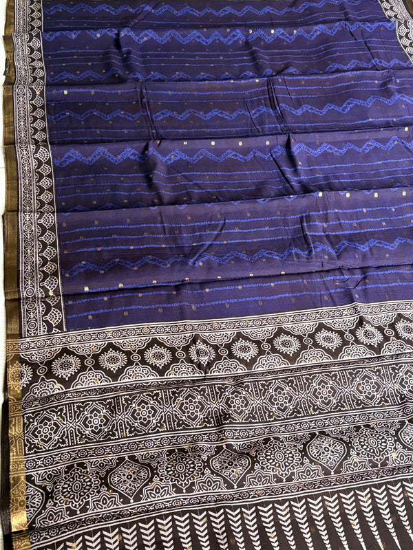 The Midnight Lattice: Deep Indigo Pure Cotton Saree with Monochrome Tribal Borders