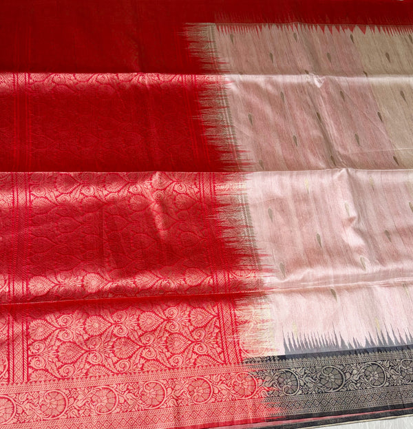The Ivory Confluence: Tussar Ghicha Silk Saree with Kanchipuram Style Zari Borders & Temple Ikat Pallu