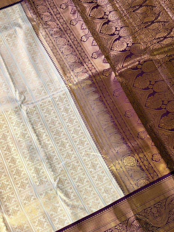 The Subhadra Vilasa: Cream Ivory & Royal Purple Kanchipuram Silk Saree