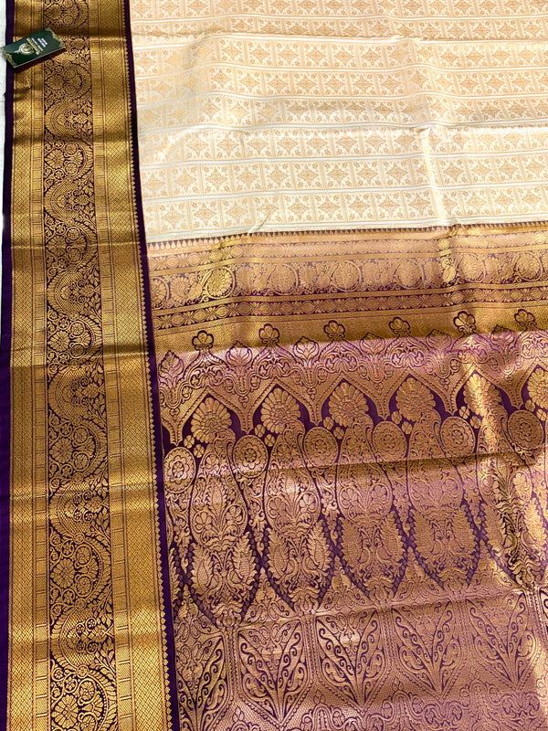 The Subhadra Vilasa: Cream Ivory & Royal Purple Kanchipuram Silk Saree