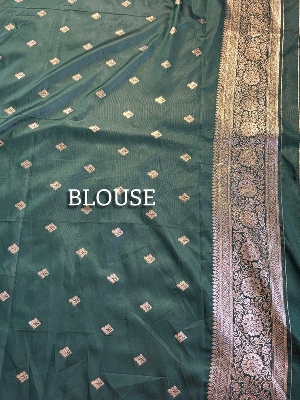 The Emerald Heritage: Deep Bottle Green Banarasi Silk Saree With Antique Gold Zari Jaal