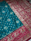 The Empress Teal: Teal Blue Banarasi Katan Silk Saree with Crimson Shikargah Border & Swarovski Crystals