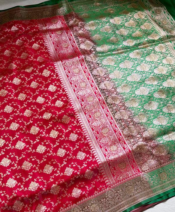 The Heritage Crimson: Scarlet Red Banarasi Silk Saree with Emerald Green Zari Border
