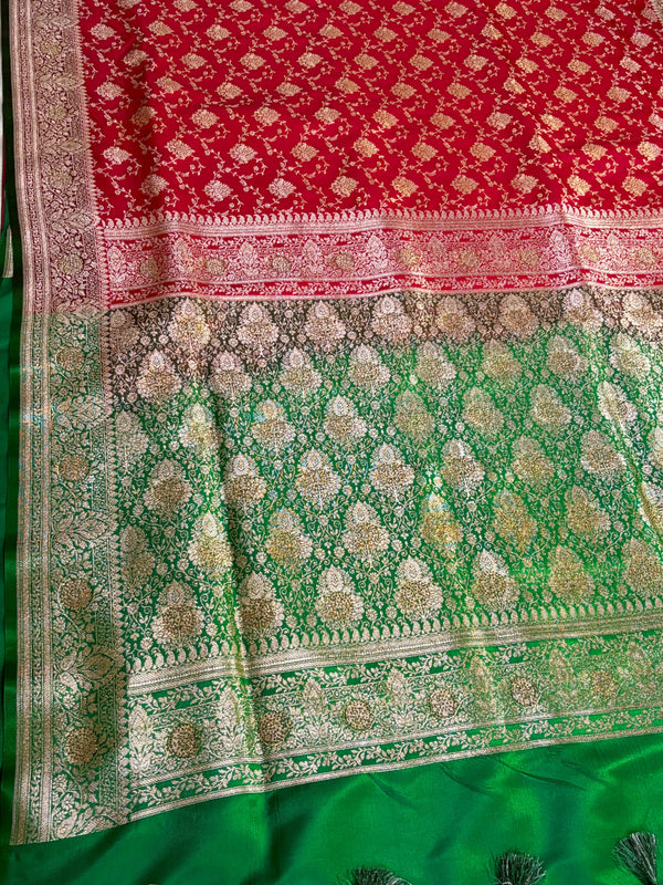 The Heritage Crimson: Scarlet Red Banarasi Silk Saree with Emerald Green Zari Border