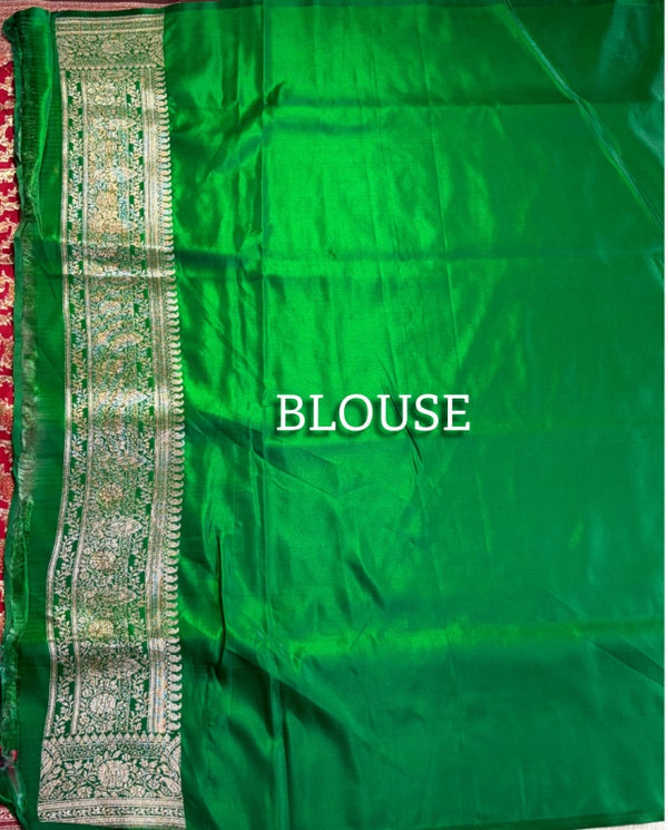 The Heritage Crimson: Scarlet Red Banarasi Silk Saree with Emerald Green Zari Border