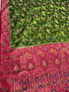 The Meadow Garland: Leaf Green Silk Saree with Ornate Pink Floral Brocade