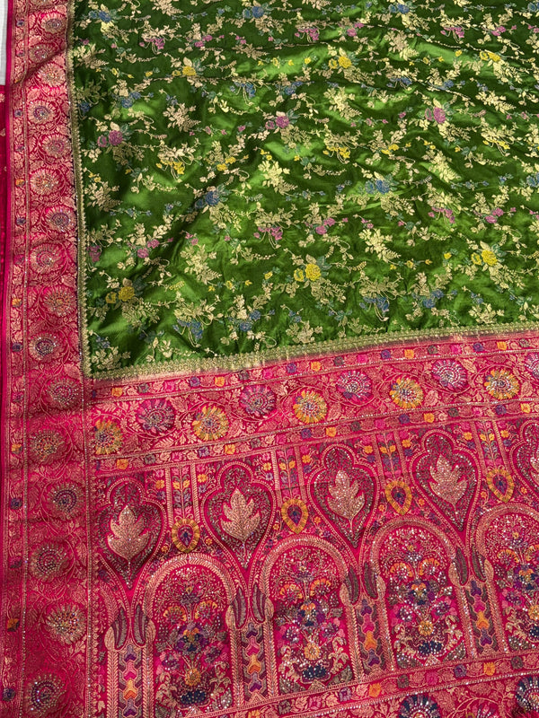 The Meadow Garland: Leaf Green Silk Saree with Ornate Pink Floral Brocade