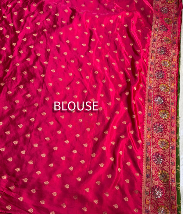 The Meadow Garland: Leaf Green Silk Saree with Ornate Pink Floral Brocade