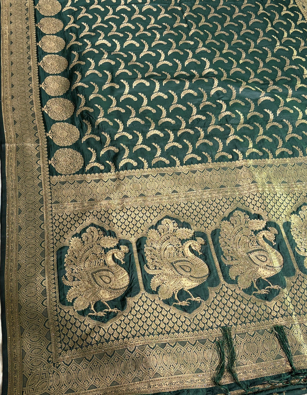 The Royal Mayura: Deep Forest Green Banarasi Silk Saree with Ornate Peacock Brocade
