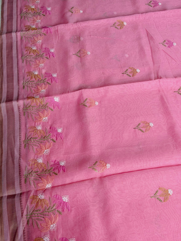 The Gulabi Aahana: Powder Pink Embroidered Cotton Saree