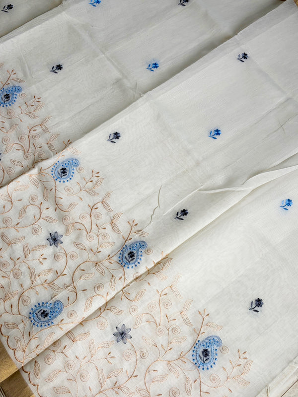 The Tarini Nila: Off-White & Powder Blue Embroidered Cotton Saree