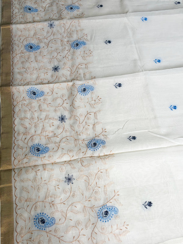 The Tarini Nila: Off-White & Powder Blue Embroidered Cotton Saree