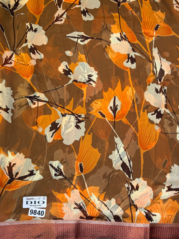 The Autumn Amber: Ochre Mustard Printed Saree With Chestnut Brown Borders