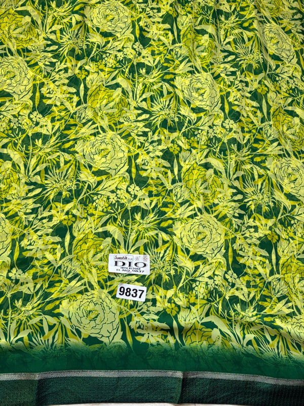 The Verdant Grove: Lime Green Printed Saree With Forest Green Botanical Pallu