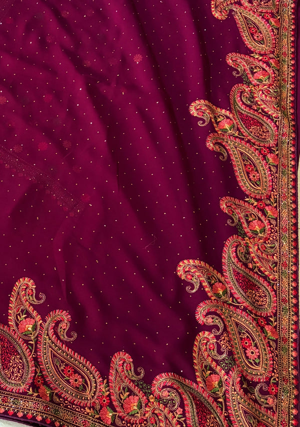 The Mulberry Splendor: Deep Wine Georgette Saree with Intricate Scalloped Paisley Border