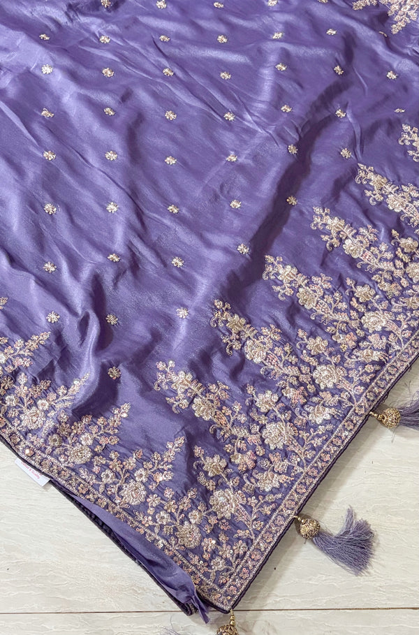 The Lavender Lattice: Periwinkle Drape with Ornate Floral Borders & Hand-Tied Tassels