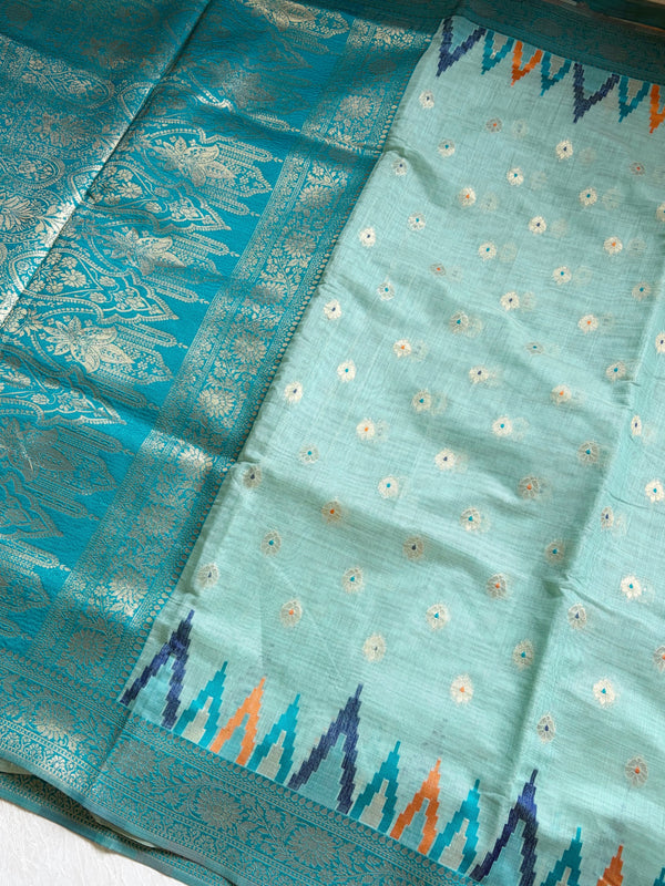 The Mint Malhar: Mint Green Linen Saree With Peacock Blue Temple Border
