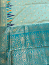 The Mint Malhar: Mint Green Linen Saree With Peacock Blue Temple Border