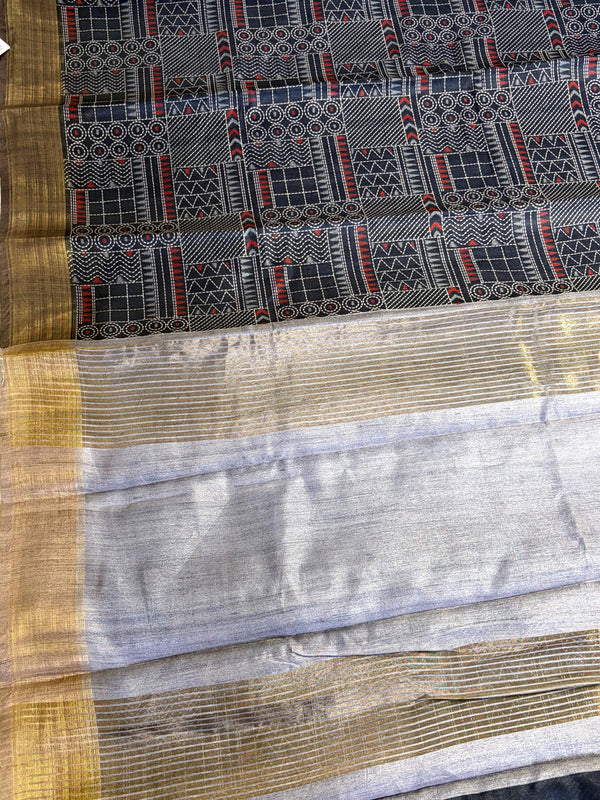 The Charcoal Chitra: Charcoal Grey Cotton Silk Saree With Muted Gold Zari Borders