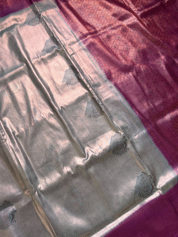 The Maya Vilasa: Gunmetal Grey & Magenta Softy Tissue Saree