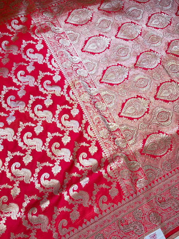 The Shonima Heritage: Scarlet Red Banarasi Silk Saree With Antique Gold Zari Jaal