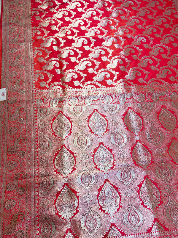 The Shonima Heritage: Scarlet Red Banarasi Silk Saree With Antique Gold Zari Jaal