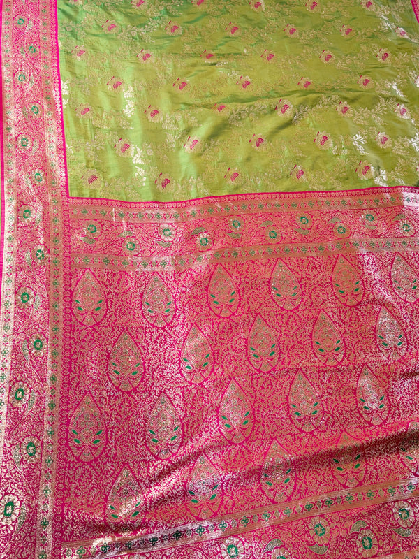 The Vasundhara Sparkle: Olive Green Banarasi Silk Saree With Swarovski Diamonds