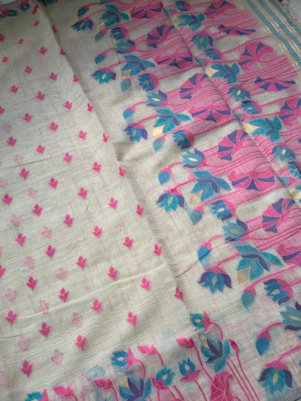 The Ivory Lotus: Cream Pure Linen Saree with Fuchsia & Teal Botanical Borders