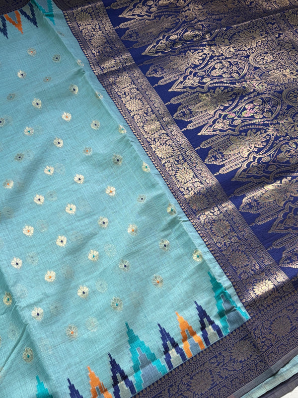 The Cerulean Citadel: Powder Blue Pure Linen Saree with Royal Indigo & Temple Border